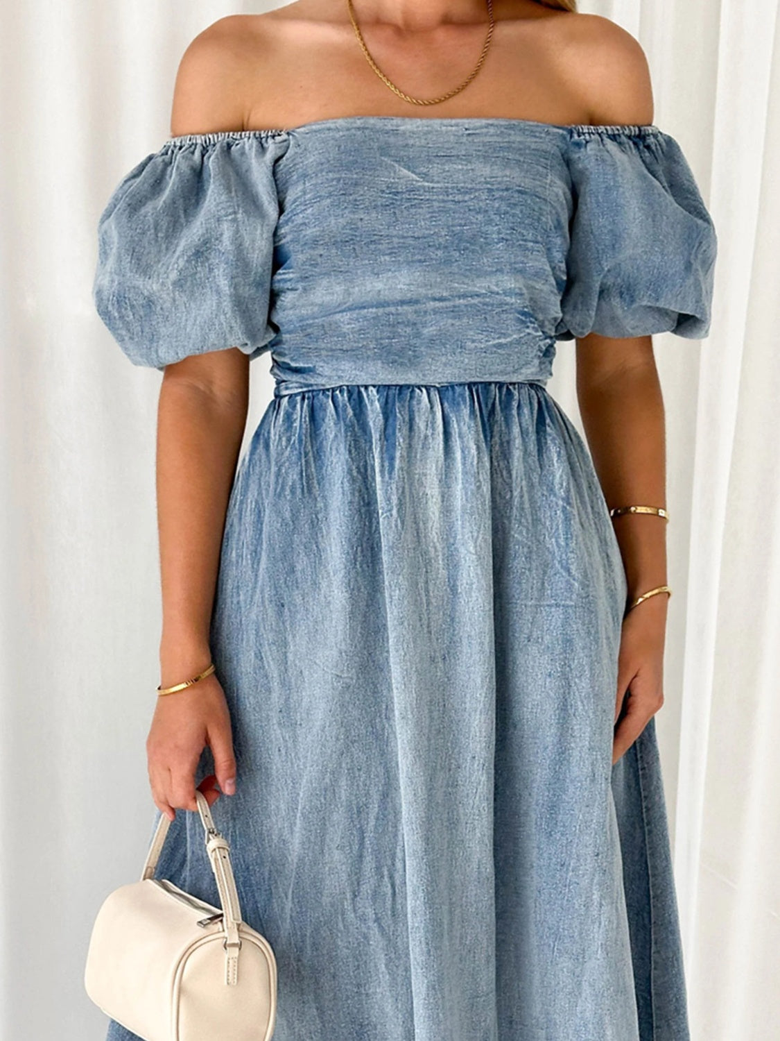 Off-Shoulder Balloon Sleeve Denim Dress - The Boutie Shop