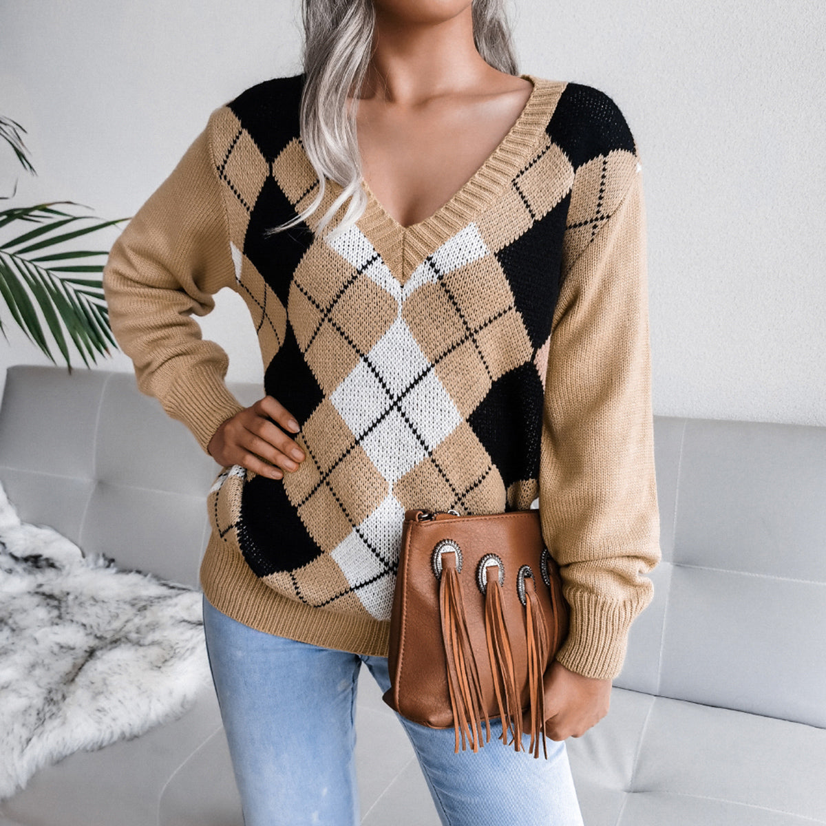 Geometric V-Neck Sweater - The Boutie Shop