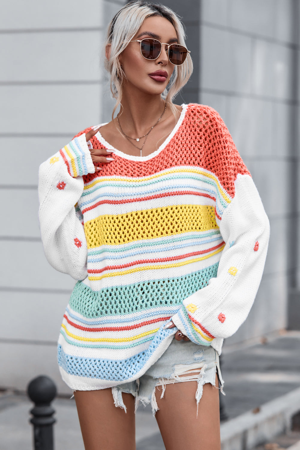 Openwork Striped Round Neck Long Sleeve Sweater - The Boutie Shop