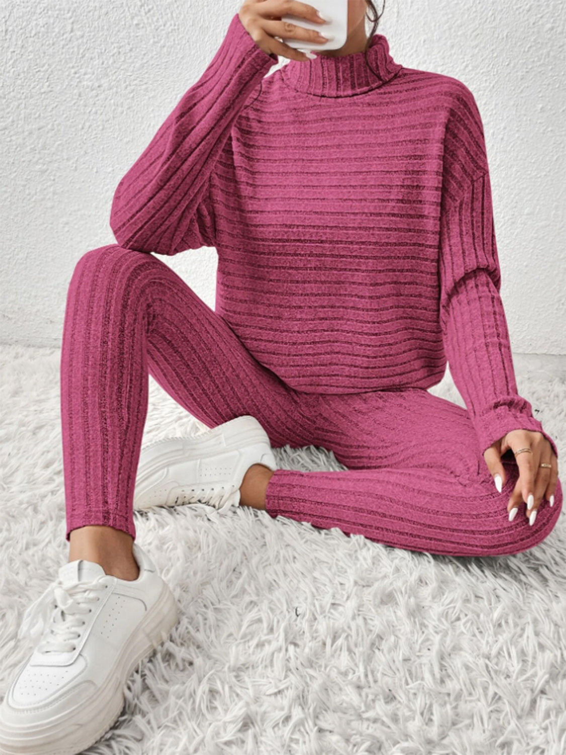 Ribbed Turtleneck Top and Pants Set - The Boutie Shop