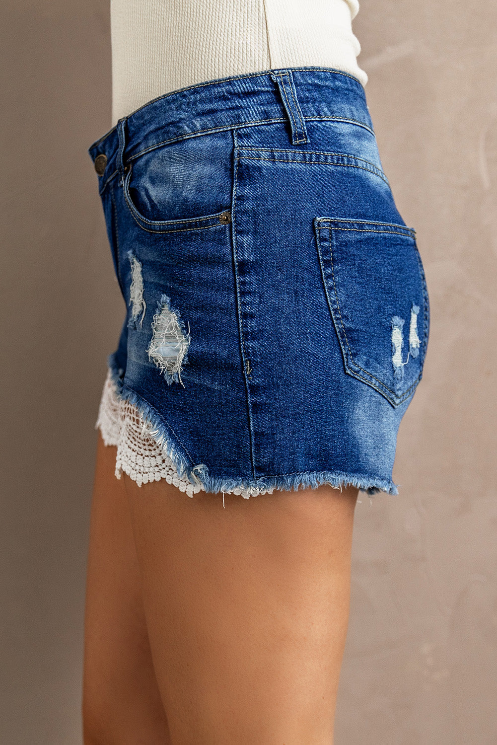 Spliced Lace Distressed Denim Shorts - The Boutie Shop