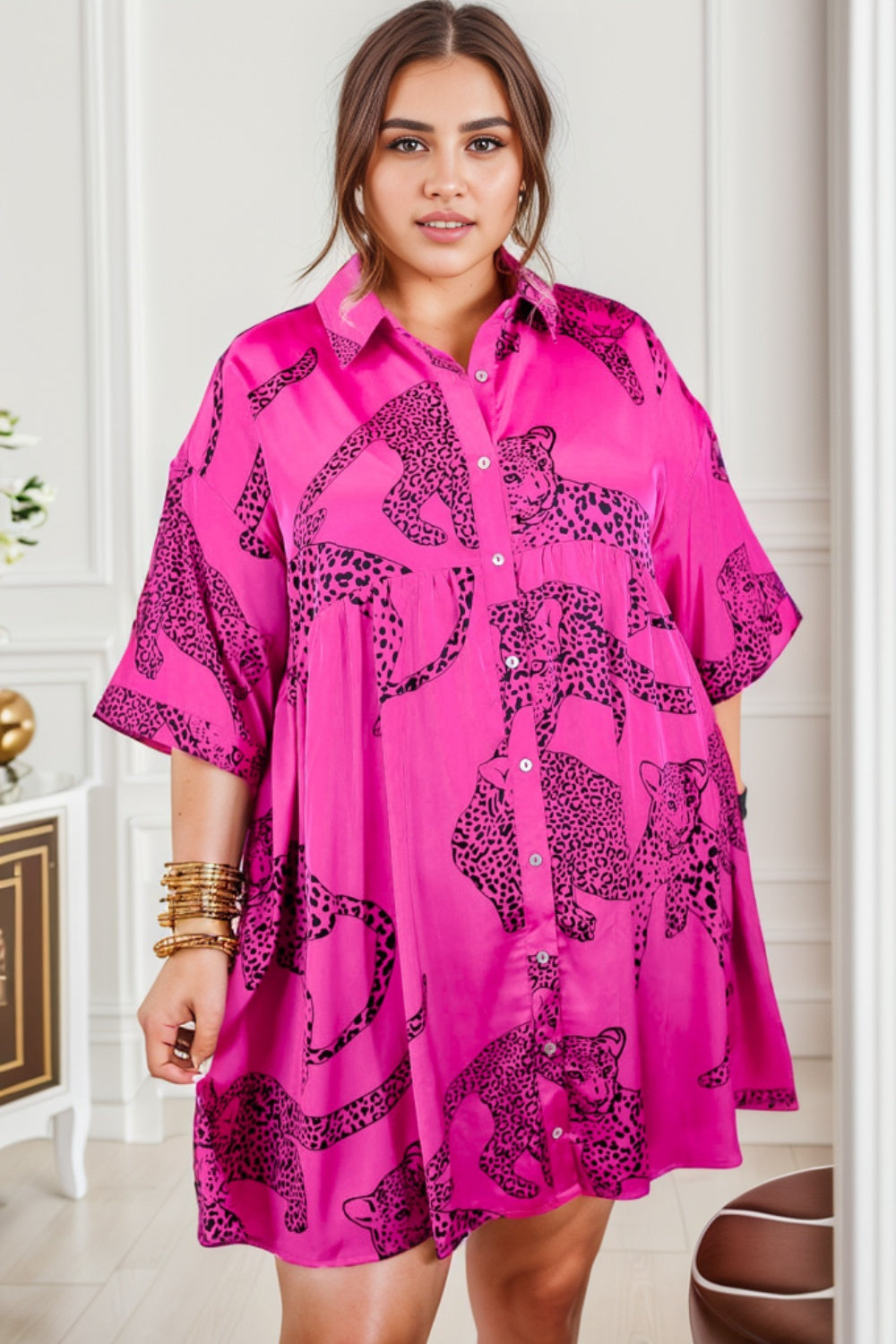 Plus Size Tiger Printed Button Up Half Sleeve Dress - The Boutie Shop