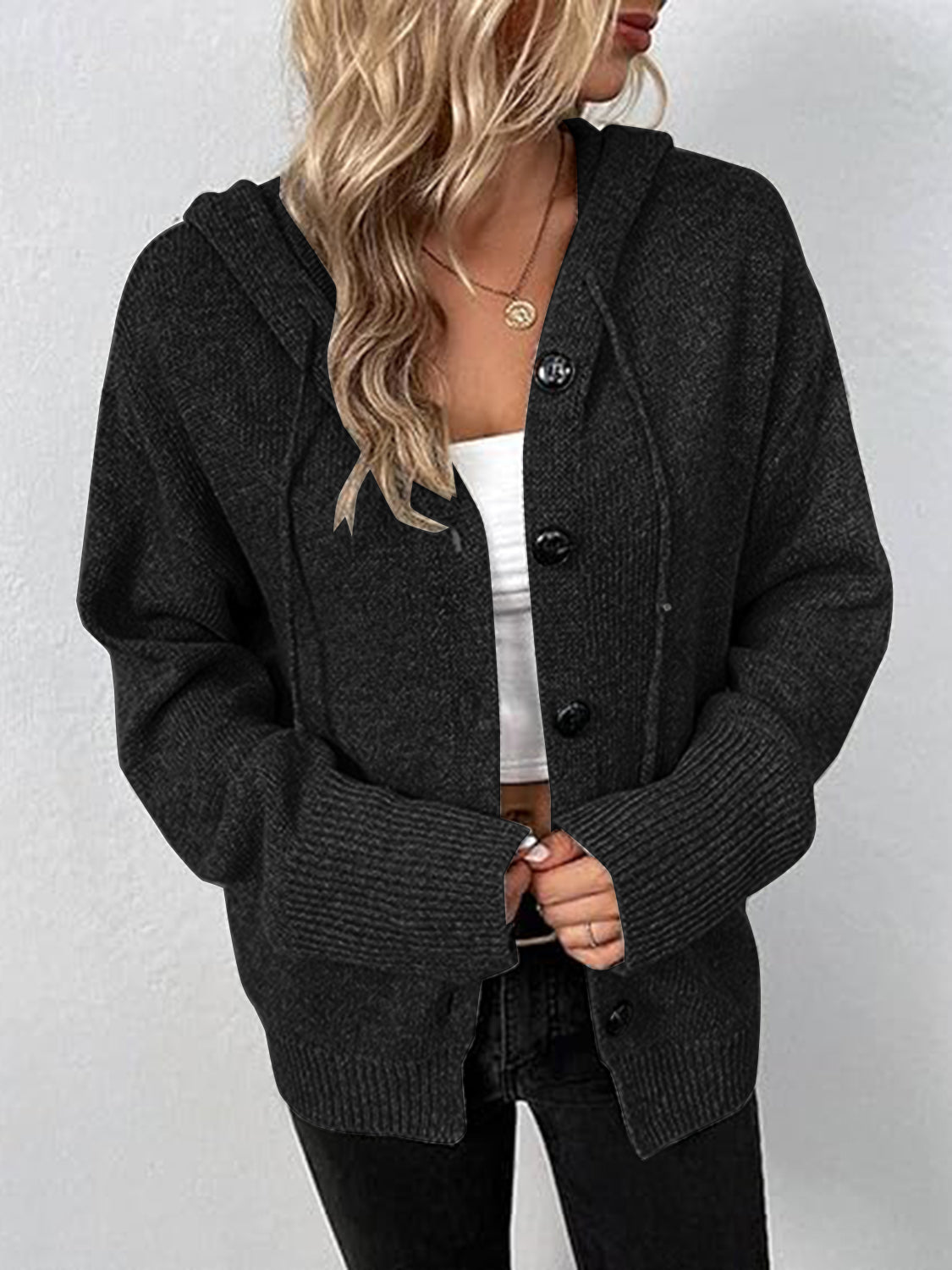 Button Up Drawstring Long Sleeve Hooded Cardigan - The Boutie Shop