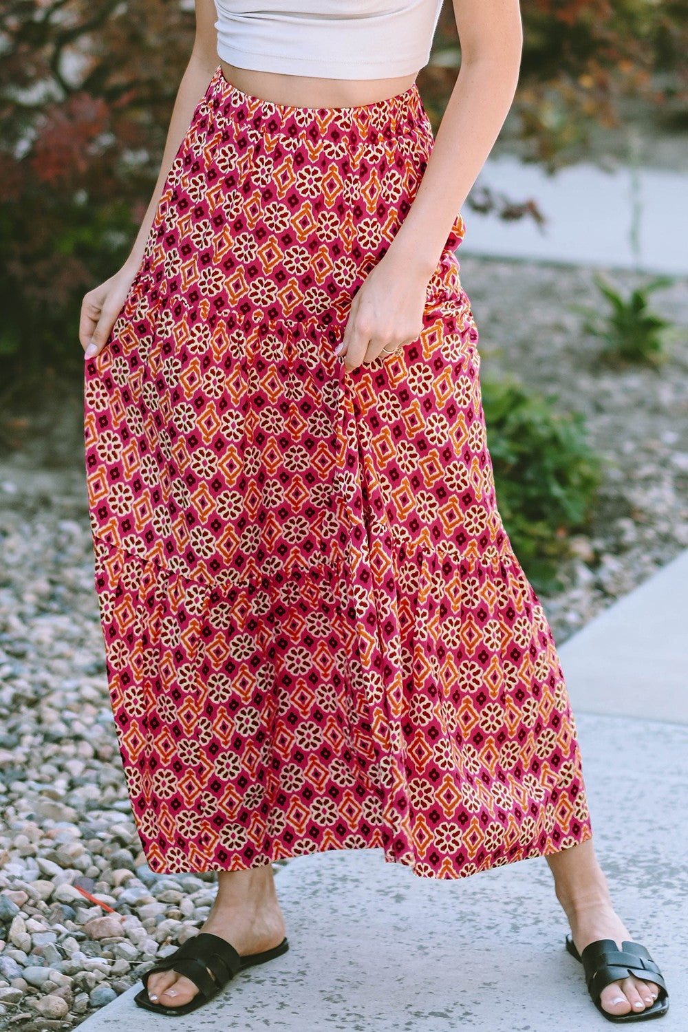 Geometric Elastic Waist Tiered Skirt - The Boutie Shop