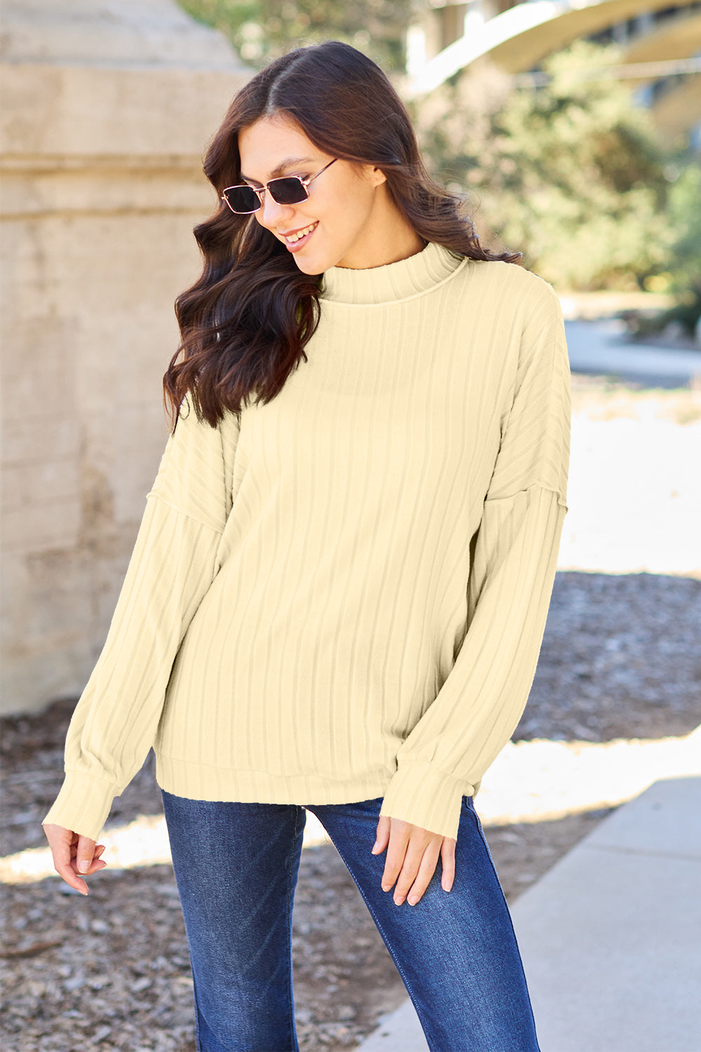 Basic Bae Full Size Ribbed Exposed Seam Mock Neck Knit Top - The Boutie Shop