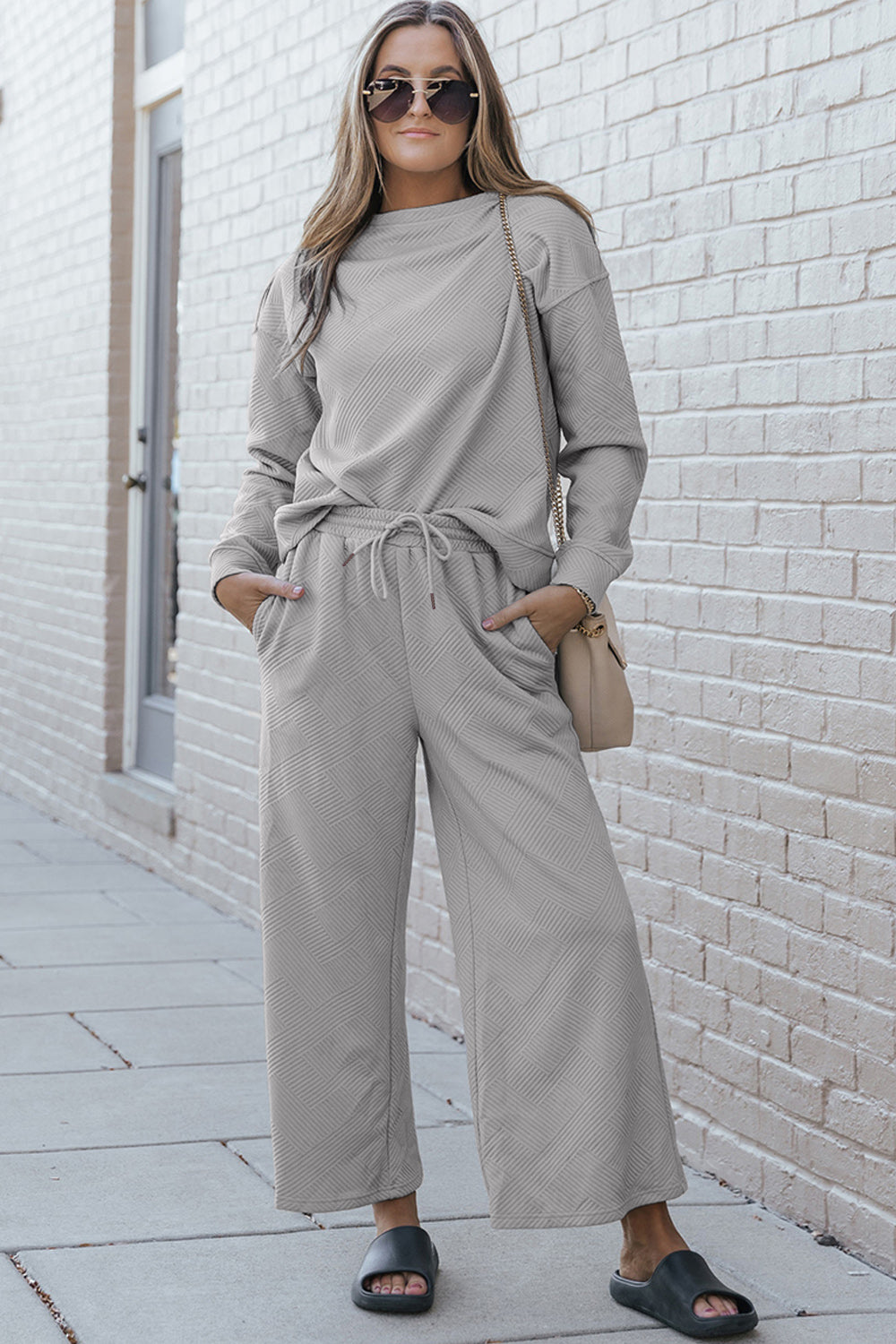 Double Take Full Size Textured Long Sleeve Top and Drawstring Pants Set - The Boutie Shop