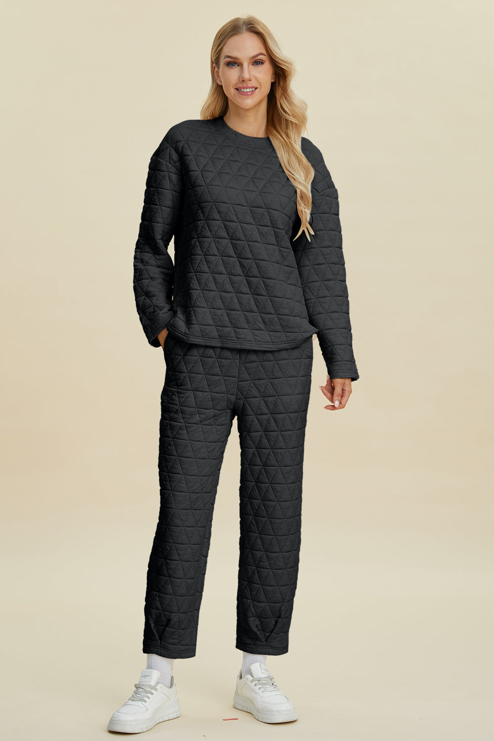 Double Take Full Size Texture Round Neck Long Sleeve Top and Pants Set - The Boutie Shop