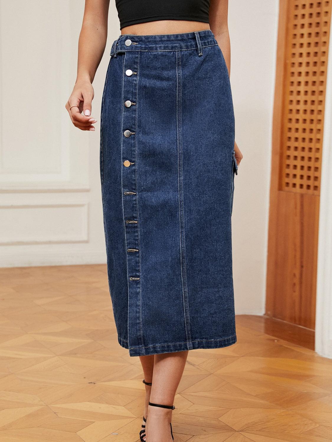 Button Down Midi Denim Skirt - The Boutie Shop