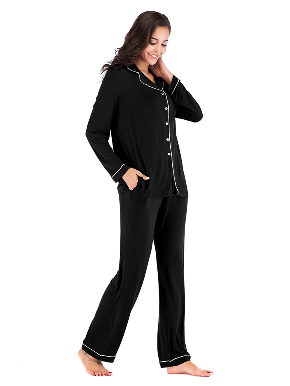 Collared Neck Long Sleeve Loungewear Set with Pockets - The Boutie Shop