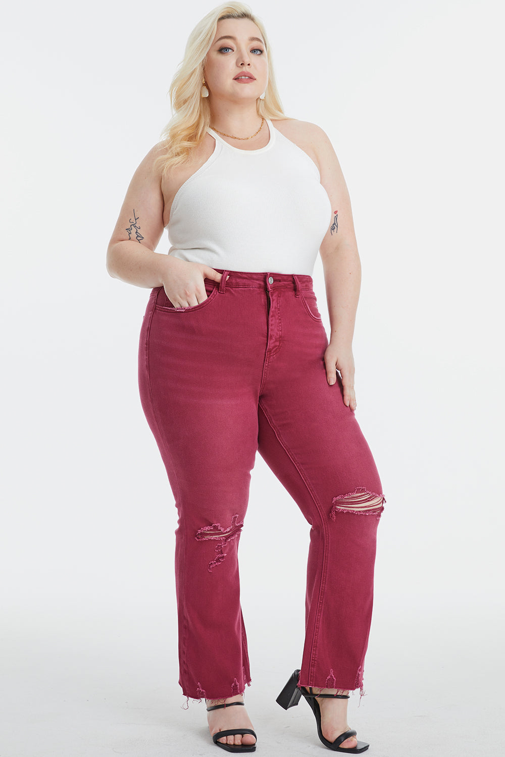 BAYEAS Full Size High Waist Distressed Raw Hem Flare Jeans - The Boutie Shop