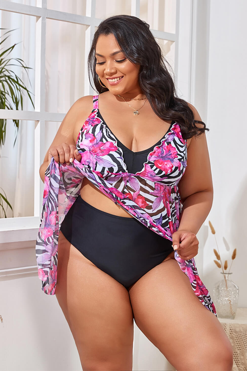 Plus Size Printed Spaghetti Strap V-Neck Two-Piece Swim Set - The Boutie Shop