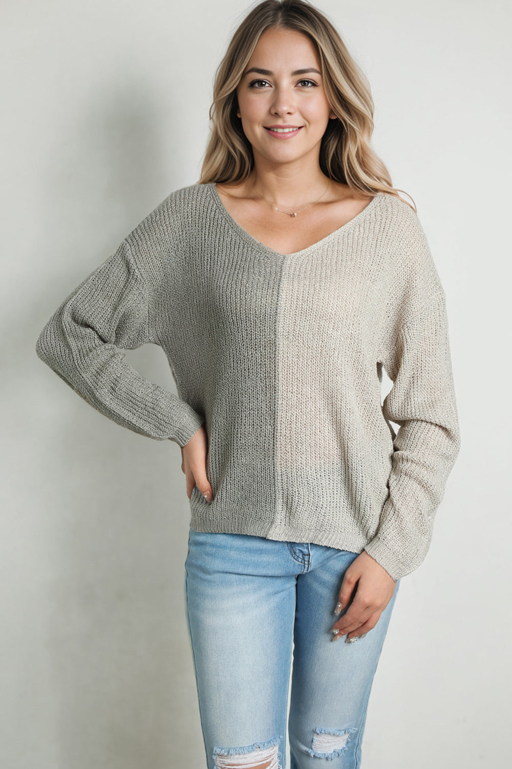 Contrast Color V-Neck Long Sleeve Pullover Sweater - The Boutie Shop