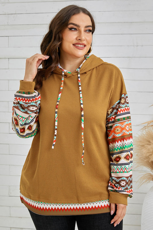 Plus Size Waffle-Knit Geometric Dropped Shoulder Hoodie - The Boutie Shop