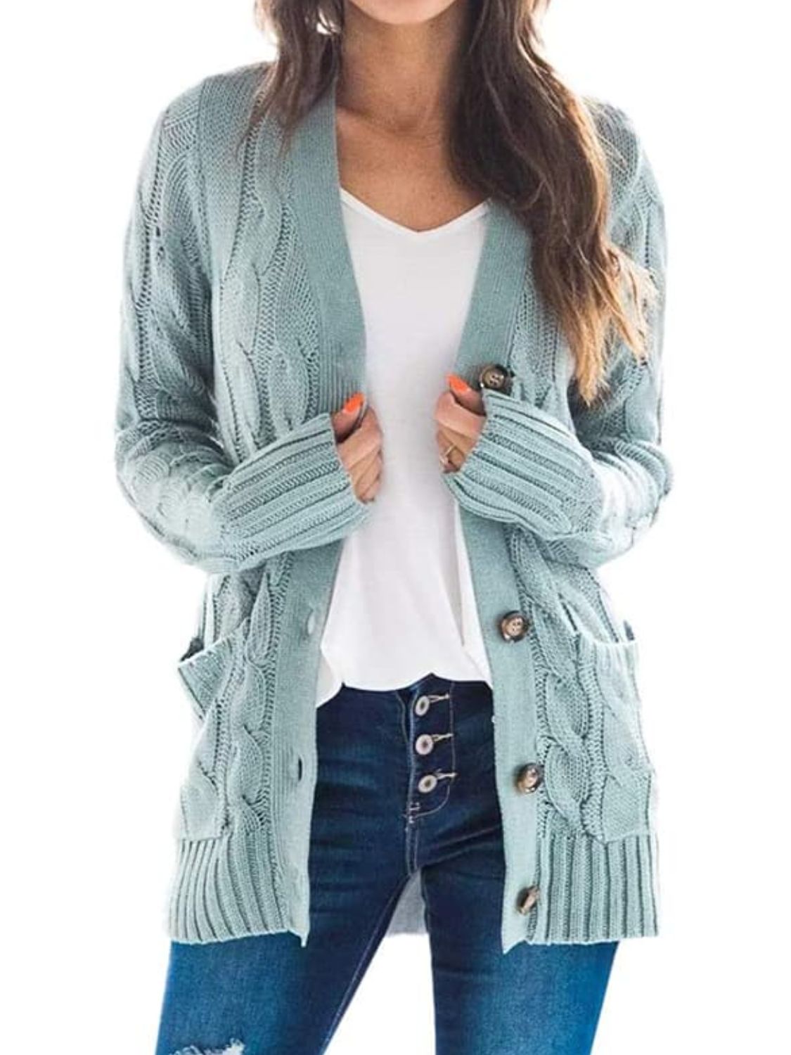 Cable-Knit Buttoned Cardigan with Pockets - The Boutie Shop