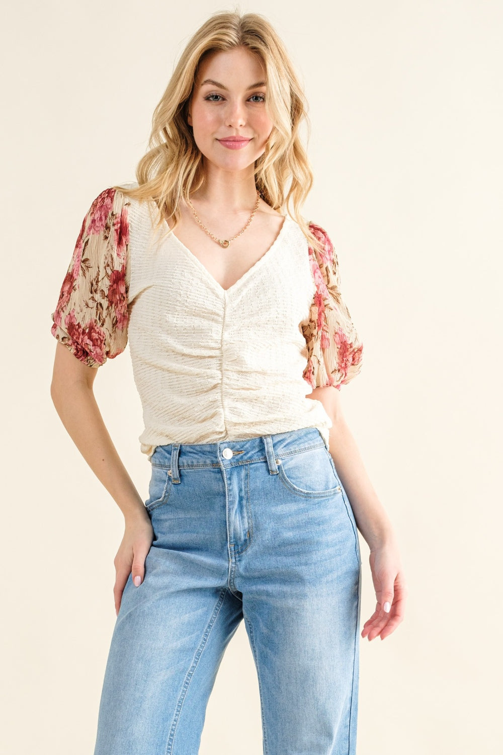 And The Why Full Size Floral Print Textured Sleeve Knit Top - The Boutie Shop