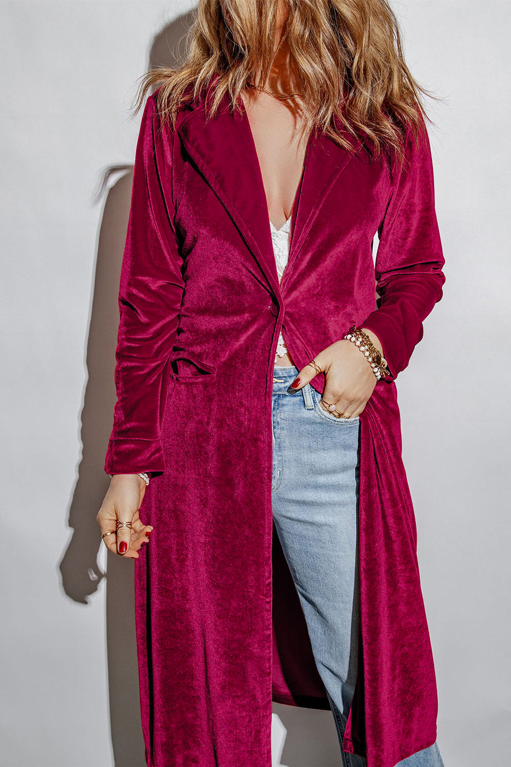 Collared Neck Longline Velvet Cardigan with Pockets - The Boutie Shop