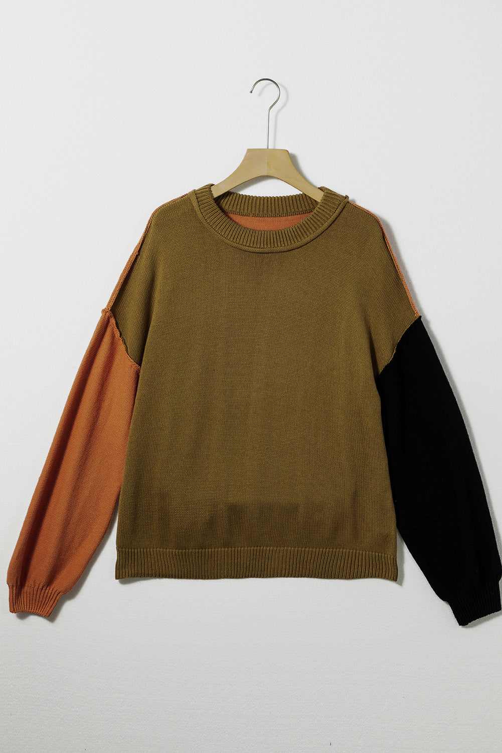 Contrast Round Neck Dropped Shoulder Sweater - The Boutie Shop