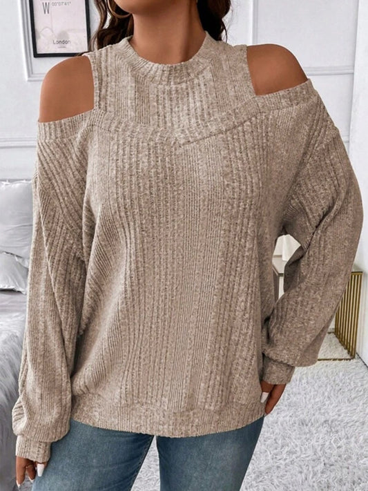 Round Neck Cold Shoulder Sweater - The Boutie Shop