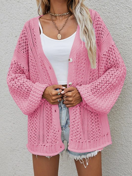 Openwork Button Front Cardigan - The Boutie Shop