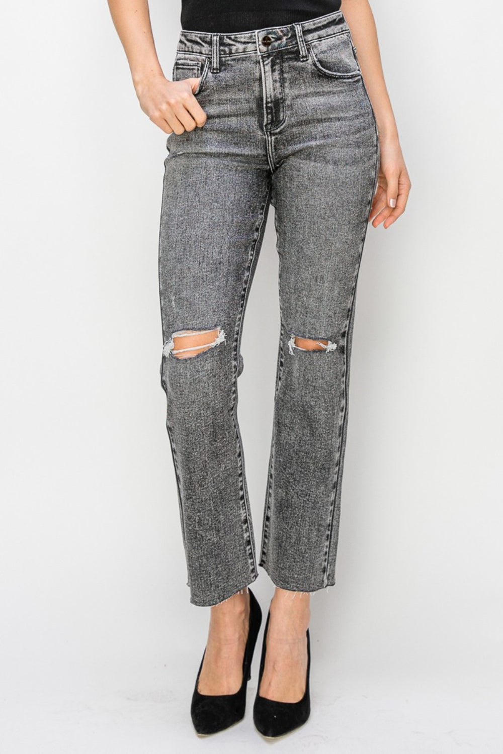 RISEN High Waist Distressed Straight Jeans - The Boutie Shop