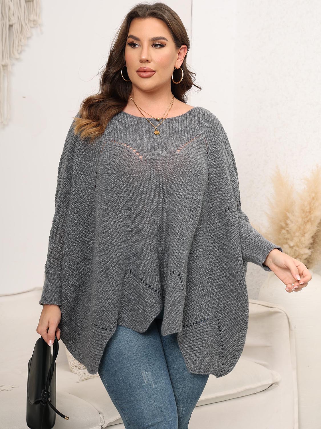 Plus Size Round Neck Batwing Sleeve Sweater - The Boutie Shop