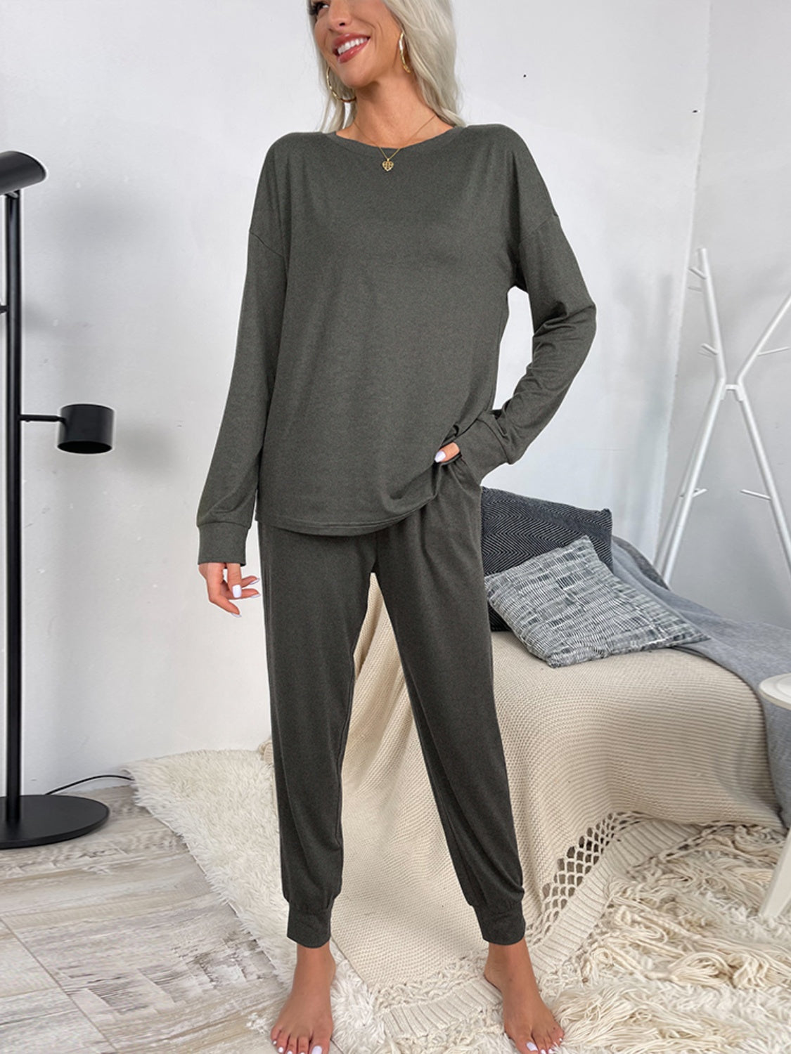 Shiny Round Neck Top and Drawstring Pants Lounge Set - The Boutie Shop