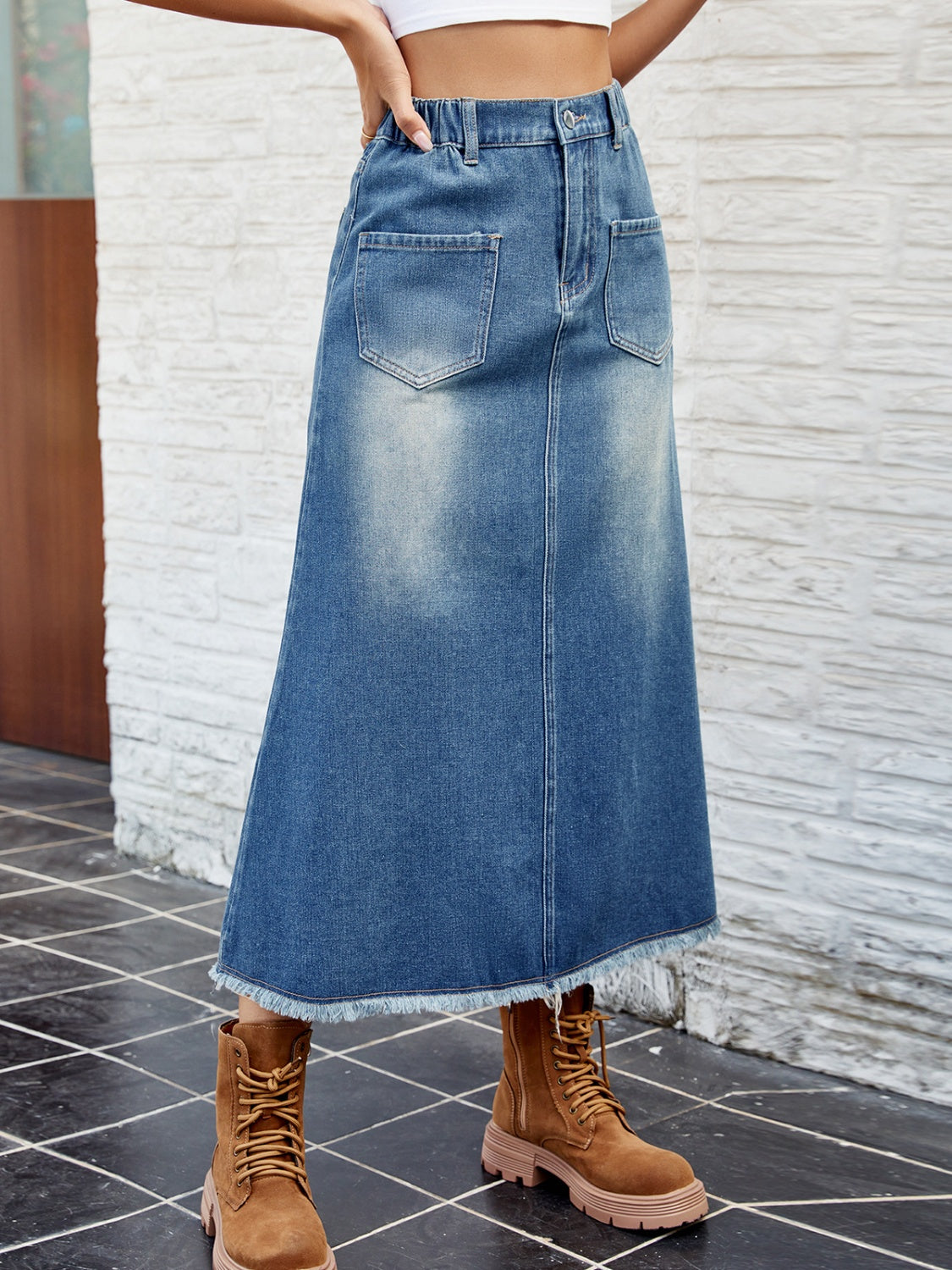 Raw Hem Buttoned Denim Skirt with Pockets - The Boutie Shop