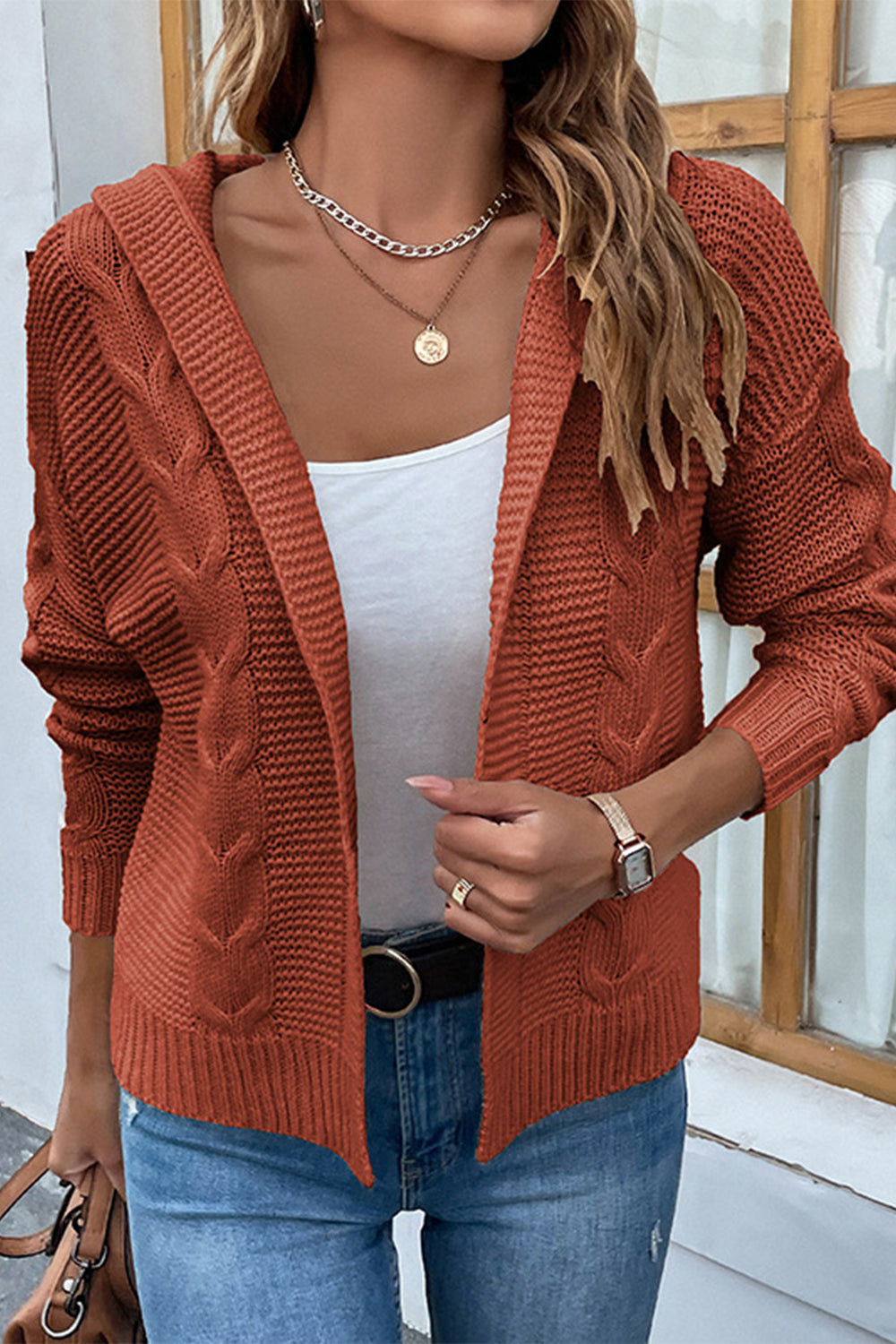 Cable-Knit Dropped Shoulder Hooded Cardigan - The Boutie Shop