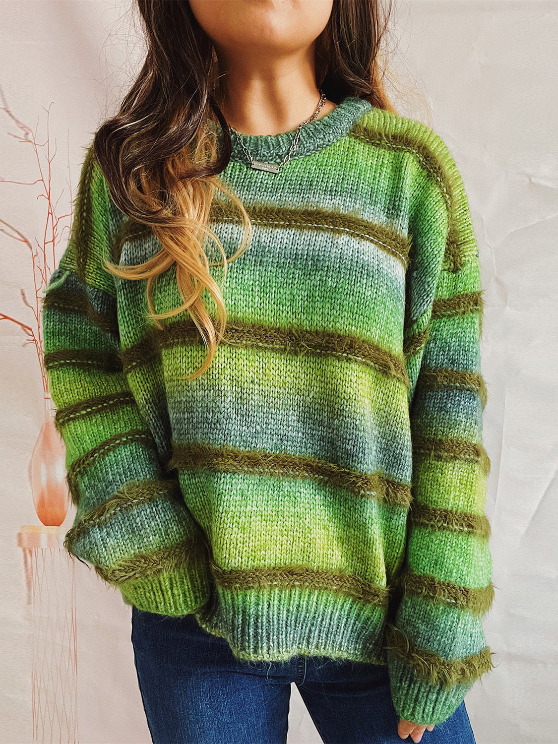 Striped Round Neck Long Sleeve Sweater - The Boutie Shop
