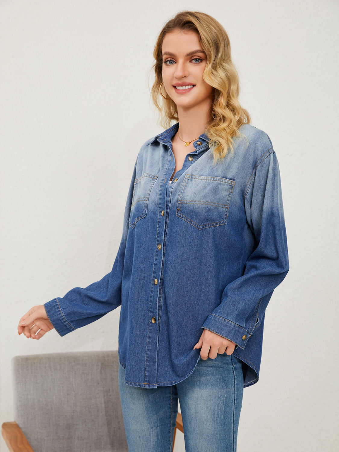 Pocketed Button Up Dropped Shoulder Denim Jakcet - The Boutie Shop