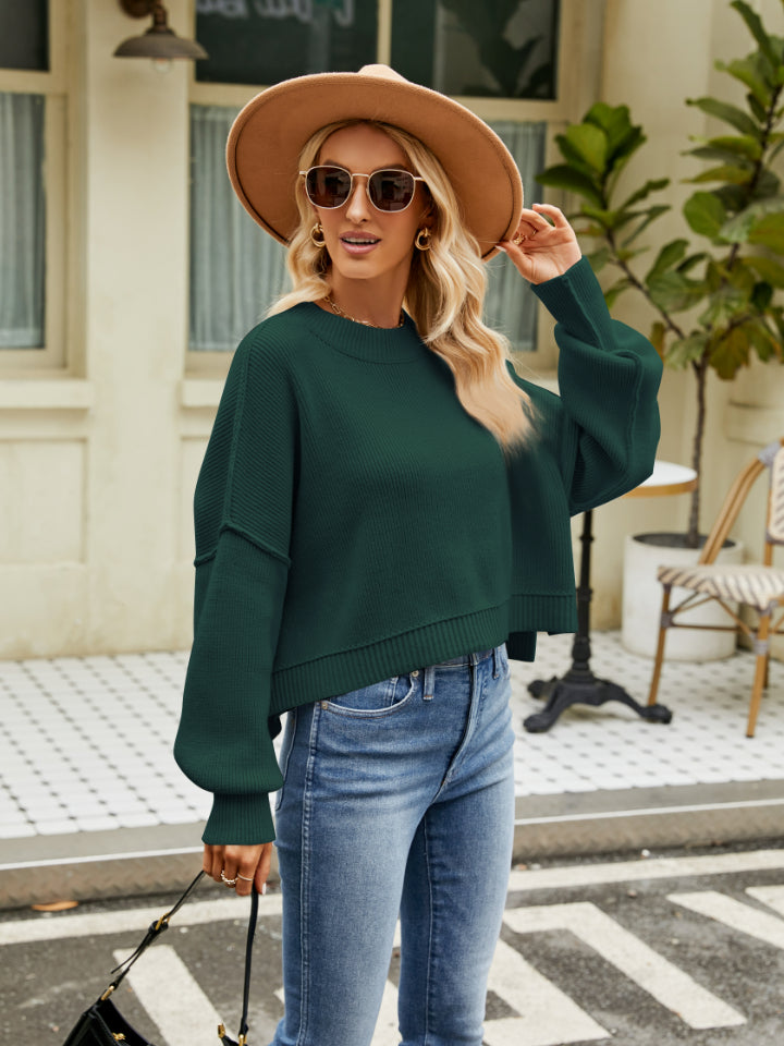 Round Neck Lantern Sleeve Sweater - The Boutie Shop