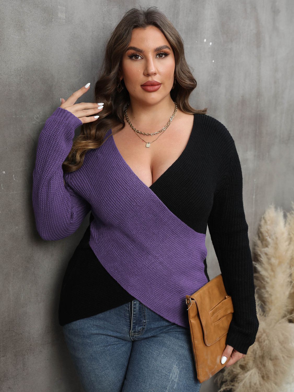 Plus Size Two-Tone Surplice Neck Sweater - The Boutie Shop