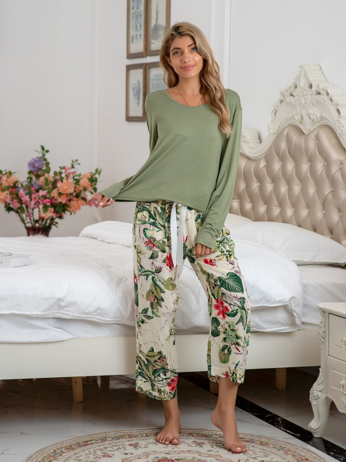 Round Neck Top and Printed Pants Lounge Set - The Boutie Shop