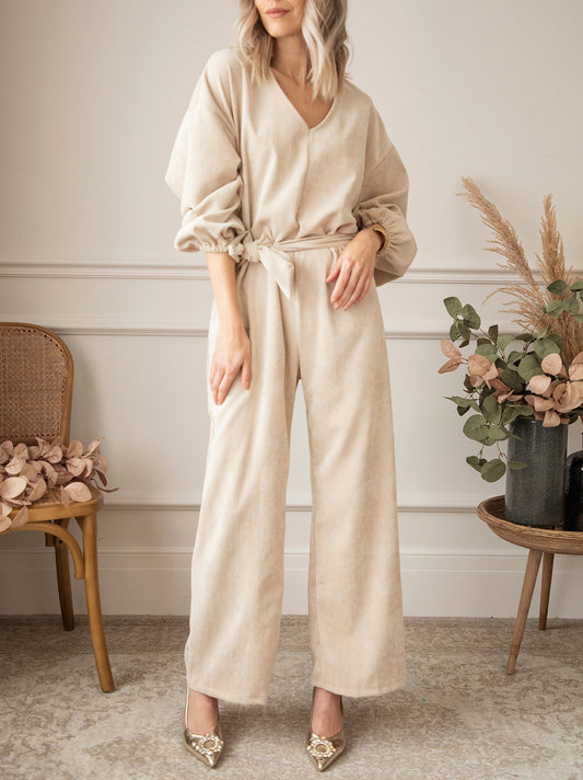 V-Neck Tie Waist Wide Leg Jumpsuit - The Boutie Shop