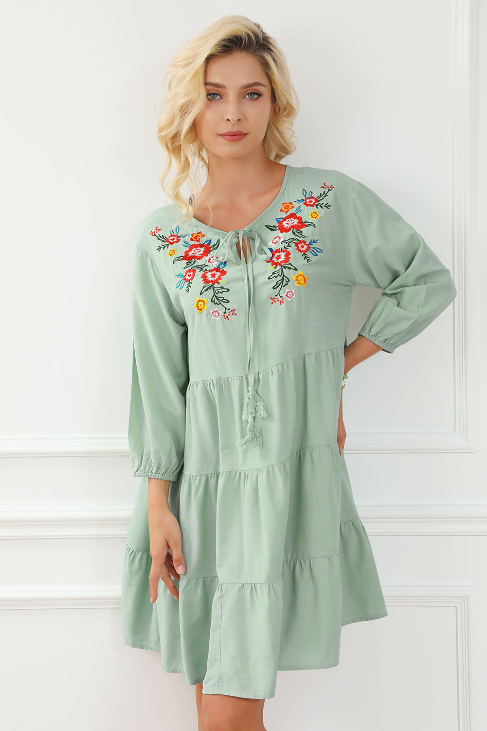 Embroidered Tie Neck Dropped Shoulder Mini Dress - The Boutie Shop