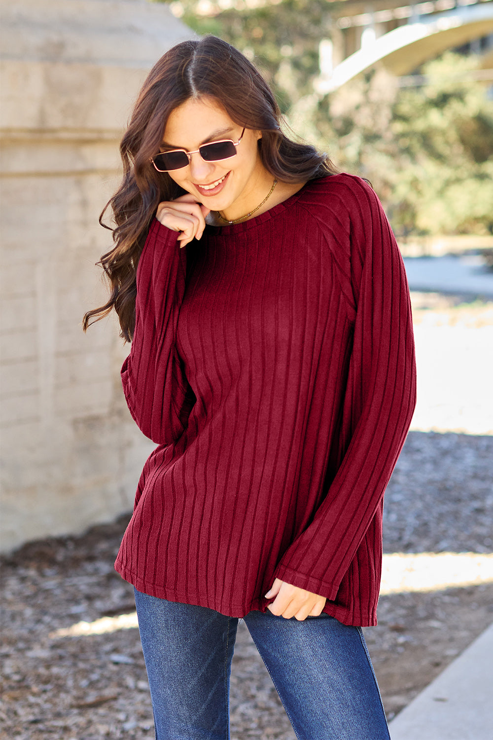 Basic Bae Full Size Ribbed Round Neck Long Sleeve Knit Top - The Boutie Shop