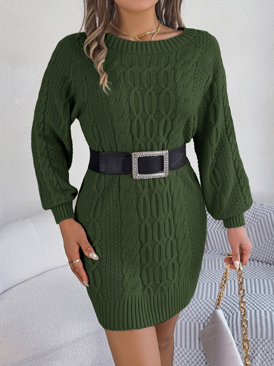 Cable-Knit Round Neck Sweater Dress - The Boutie Shop