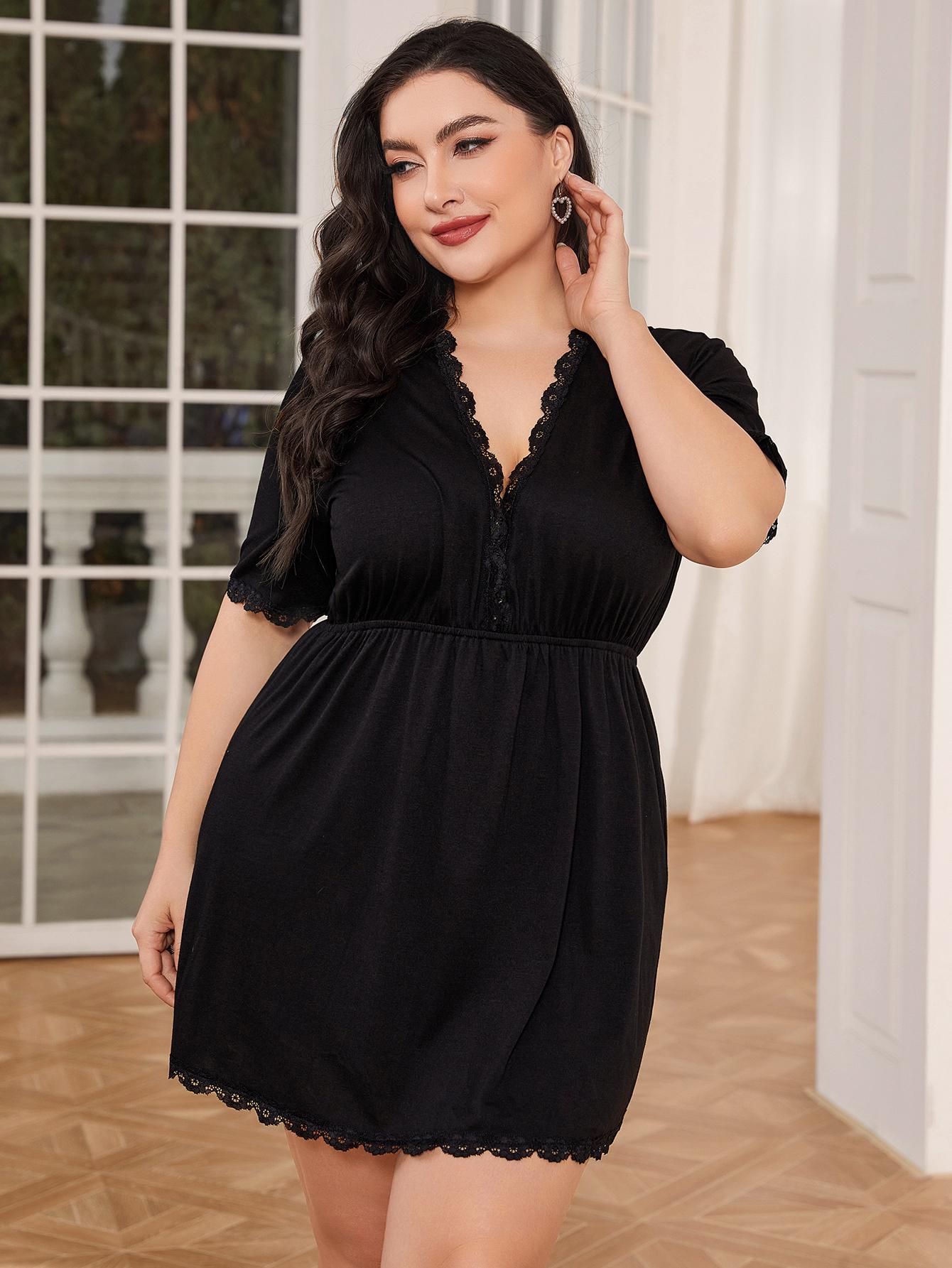 Plus Size Lace Trim Deep V Night Dress - The Boutie Shop