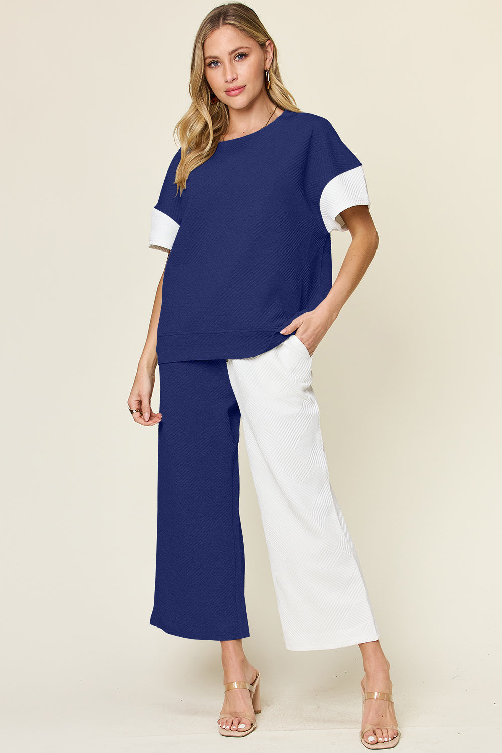 Double Take Full Size Texture Contrast T-Shirt and Wide Leg Pants Set - The Boutie Shop