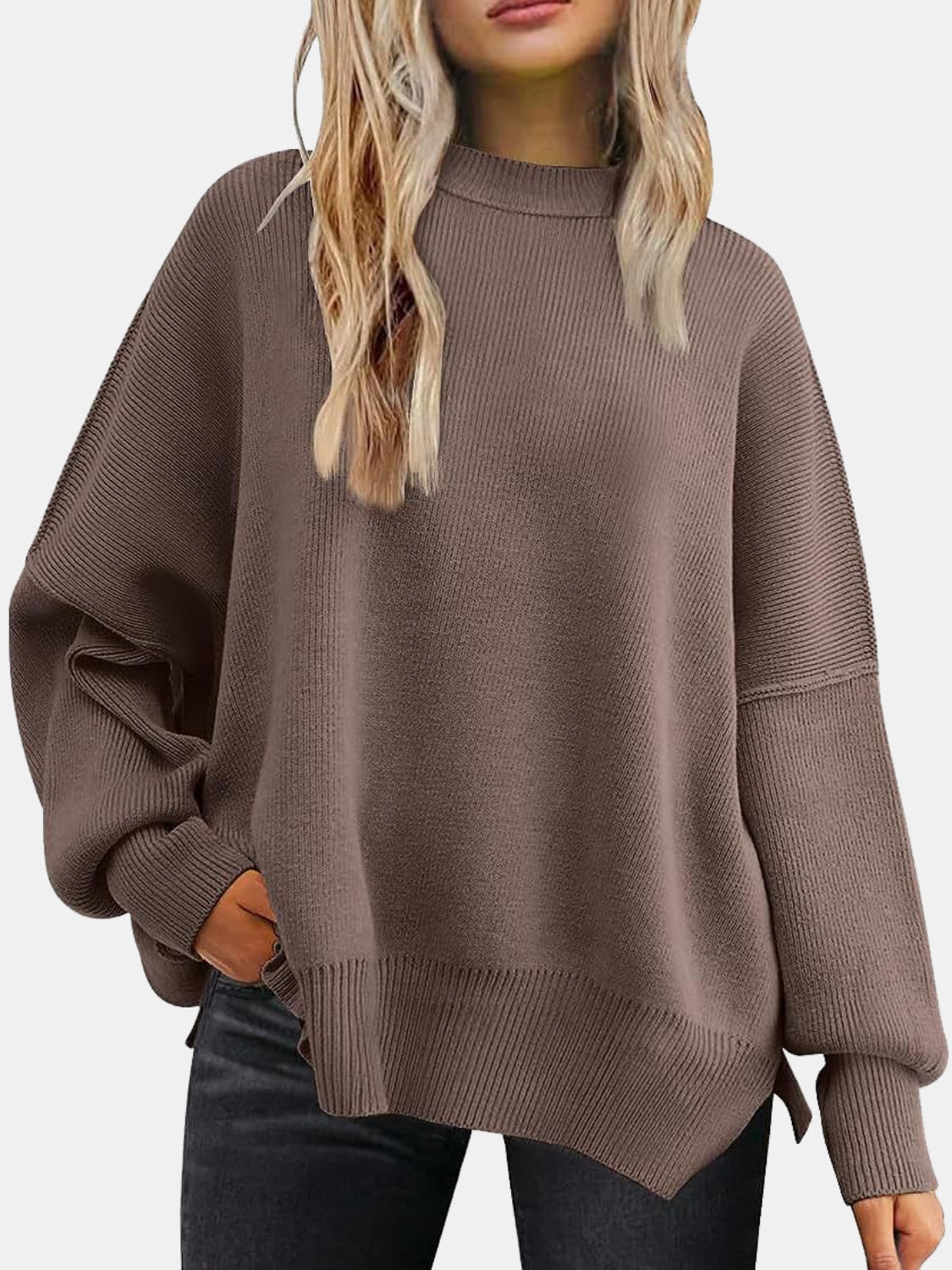 Round Neck Drop Shoulder Slit Sweater - The Boutie Shop