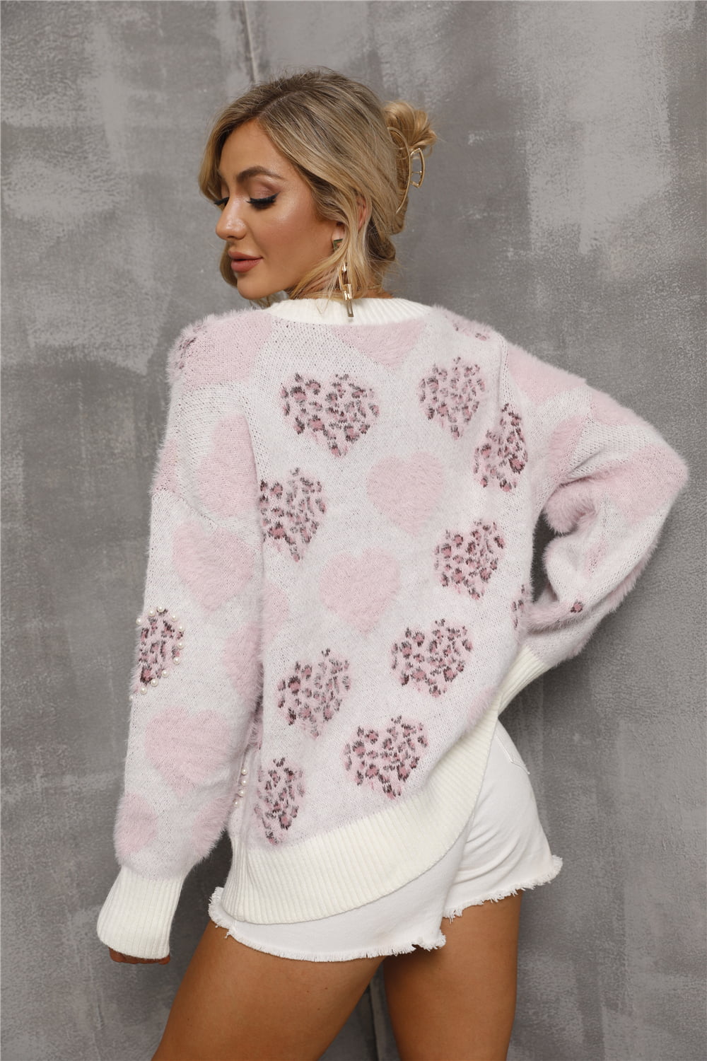 Angel Wings Heart Pattern Round Neck Long Sleeve Sweater - The Boutie Shop