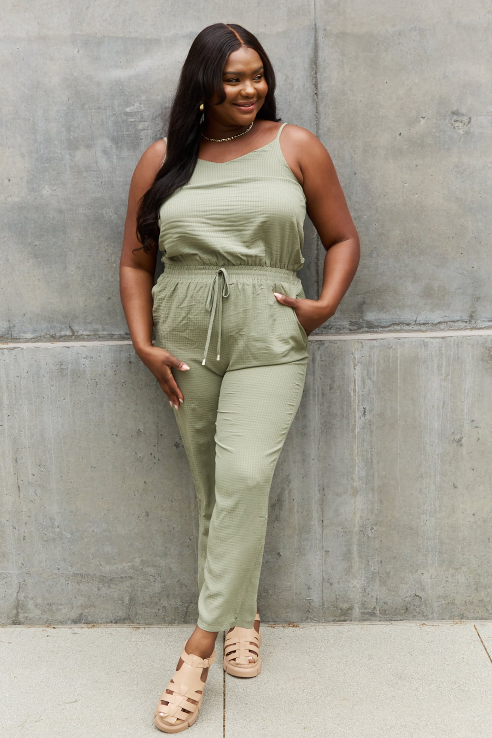 ODDI Full Size Textured Woven Jumpsuit in Sage - The Boutie Shop