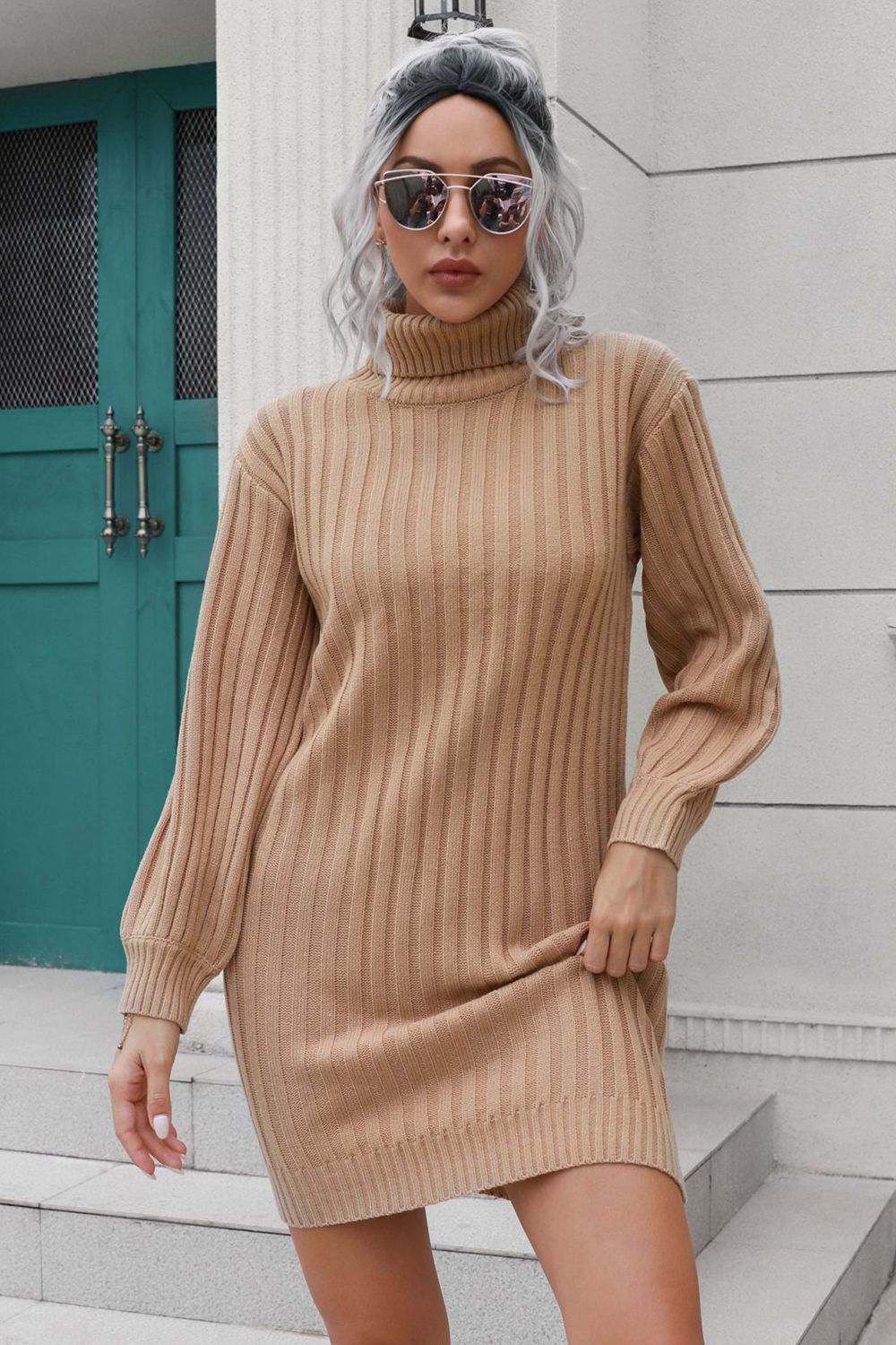 Ribbed Turtle Neck Long Sleeve Mini Sweater Dress - The Boutie Shop