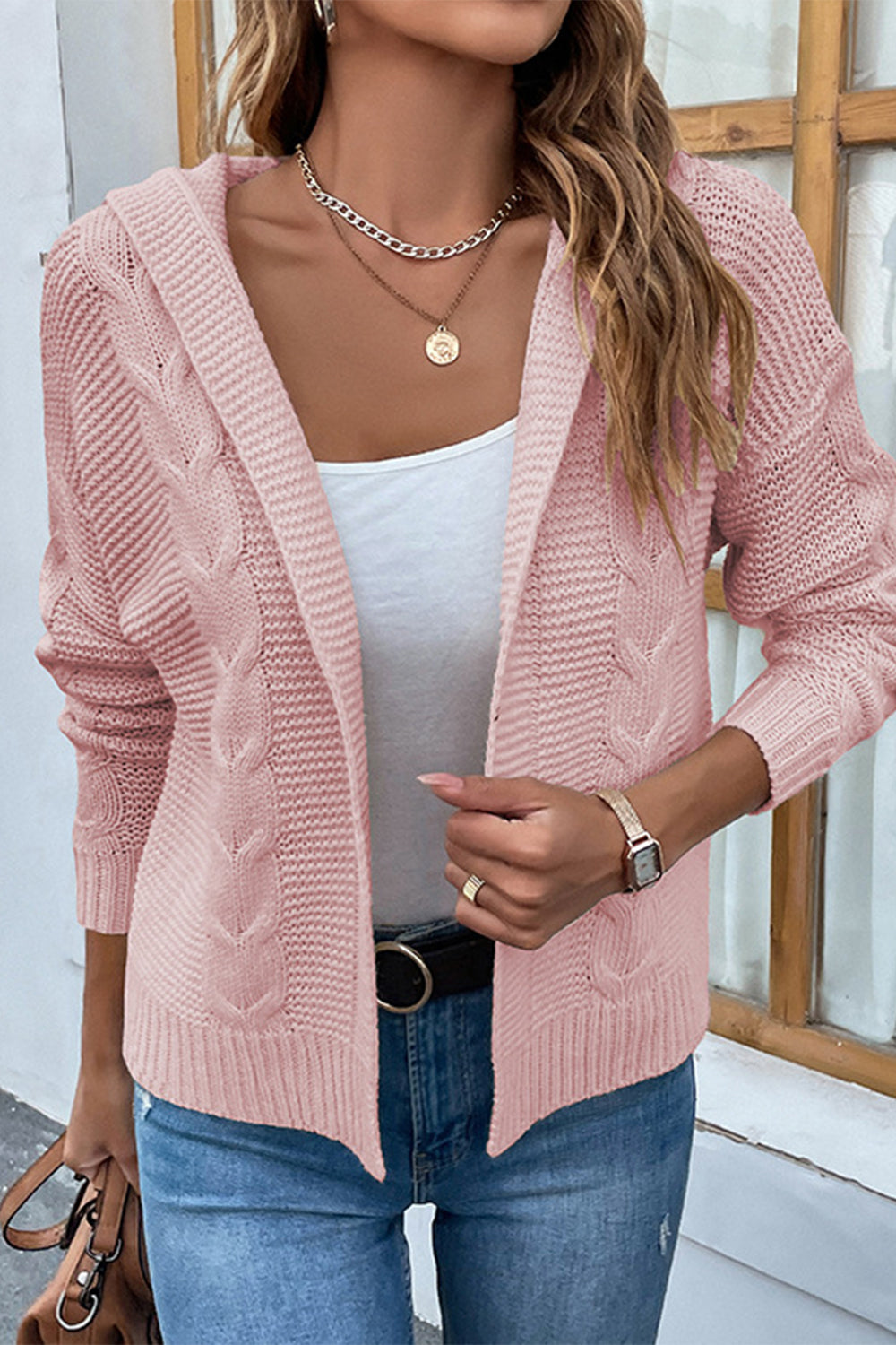 Cable-Knit Dropped Shoulder Hooded Cardigan - The Boutie Shop