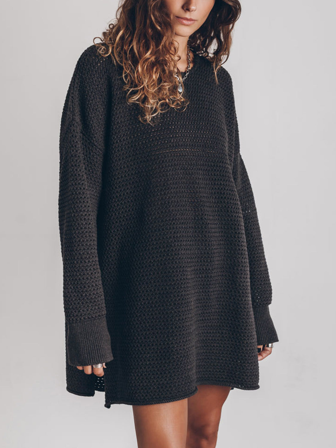 Openwork Round Neck Long Sleeve Slit Sweater - The Boutie Shop