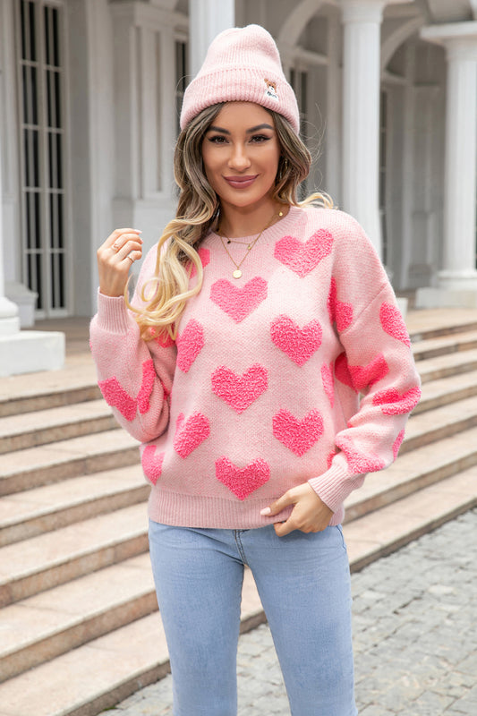 Angel Wings Round Neck Dropped Shoulder Sweater with Heart Pattern - The Boutie Shop