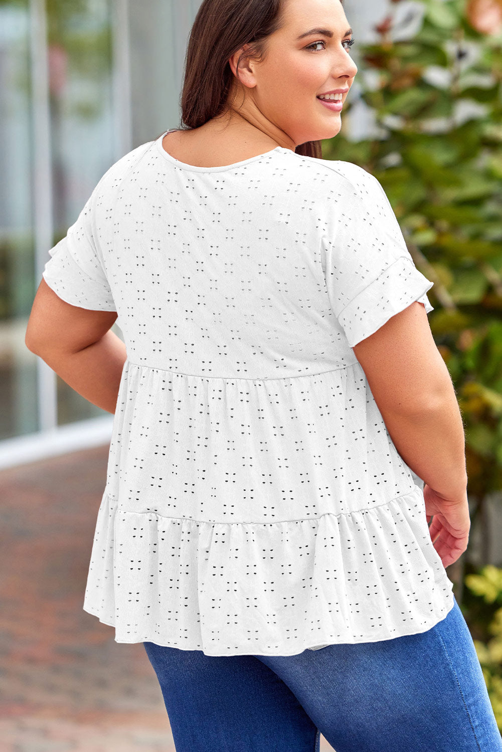 Plus Size Eyelet Round Neck Short Sleeve Blouse - The Boutie Shop