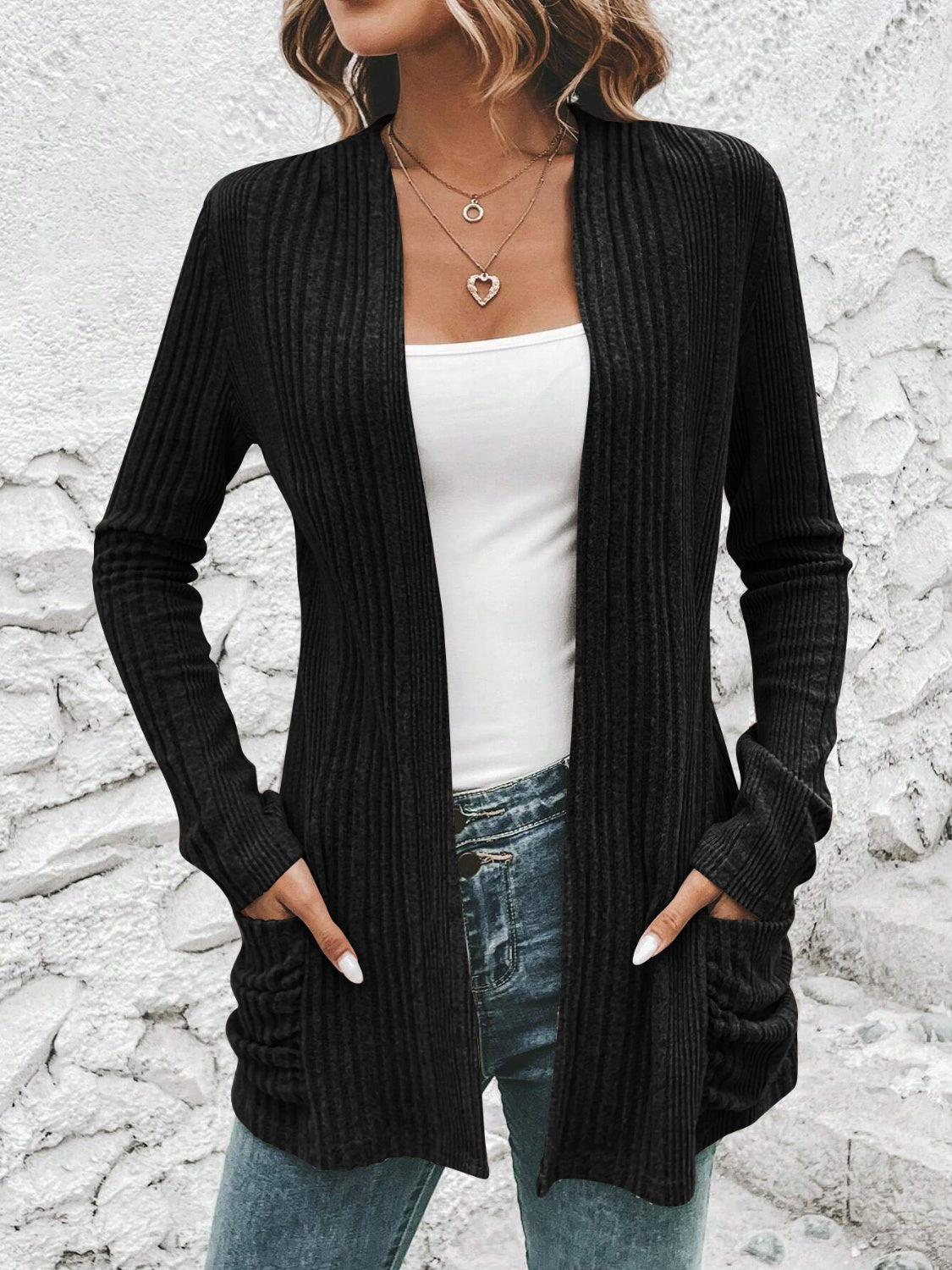 Ribbed Open Front Cardigan with Pockets - The Boutie Shop