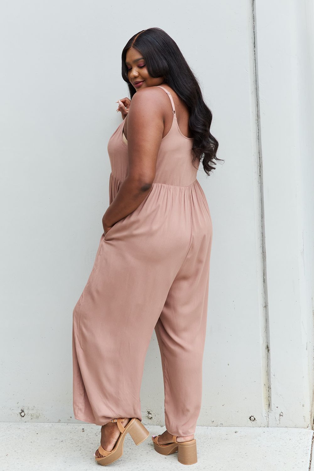 HEYSON All Day Full Size Wide Leg Button Down Jumpsuit in Mocha - The Boutie Shop