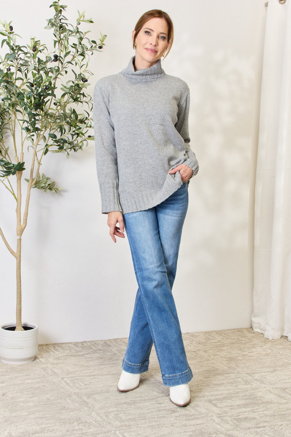 Heimish Full Size Turtleneck Long Sleeve Slit Sweater - The Boutie Shop